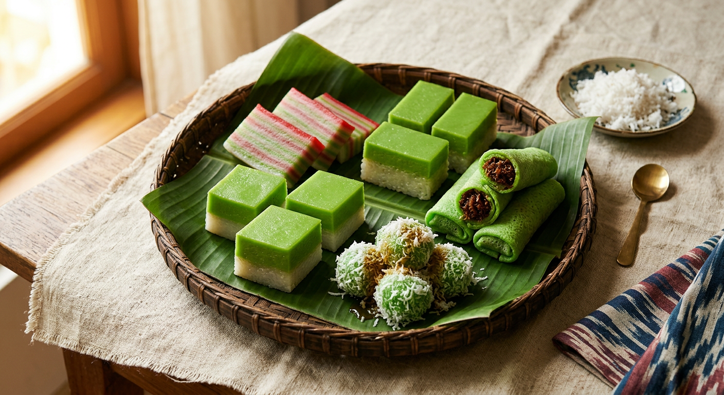 Colourful Malaysian kuih arranged on a banana leaf